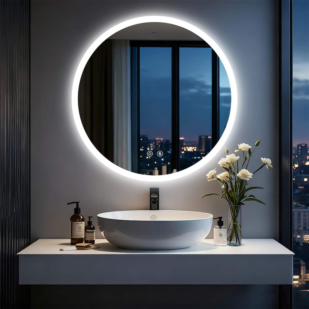 Backlit Round LED Lighted Bathroom Mirror Smart Touch Anti-Fog Wall Makeup Mirror with Aluminum Frame