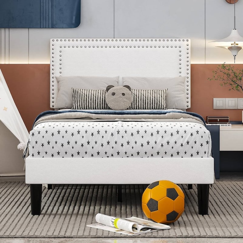 Set of 2 Twin Size Tufted Upholstered Platform Beds Dorm Style Minimalist Metal Frame with Slats No Box Spring Needed