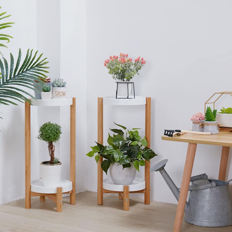 Corner 2-Tier Bamboo Plant Stand Flower Pot Nordic Style White Shelves Pack of 2