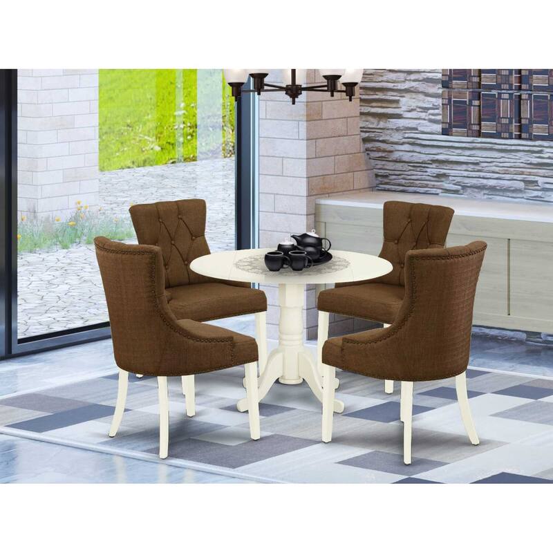 HomeStock 5-Piece Round Buttermilk and Cherry Finish Solid Wood Top Dining Table with 4-Parson Chair with Drop Leaf Lattice Back