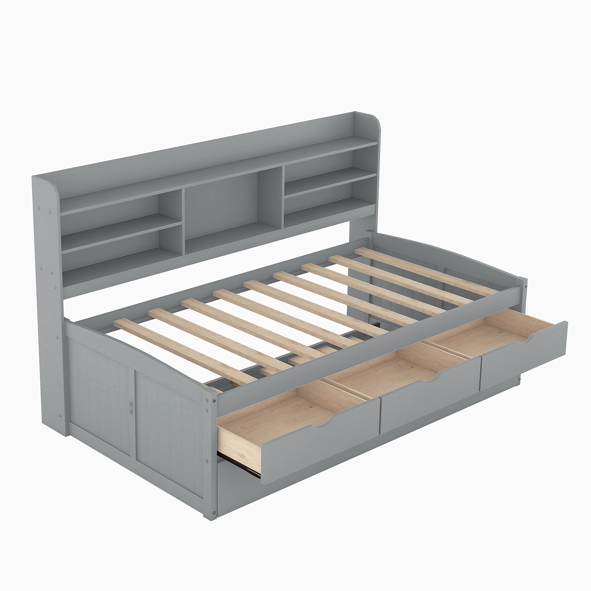 Twin Size Grey Wooden Captain Bed with Built in Bookshelves