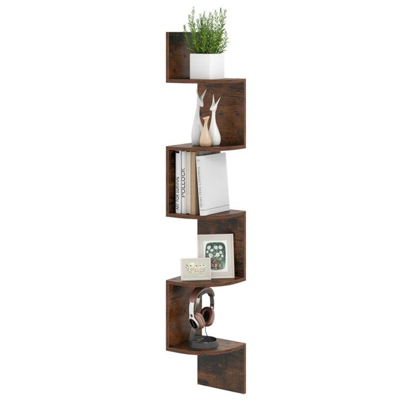 5-Tier Floating Corner Shelf Wall Mounted Organizer for Living Room Bedroom or Kitchen - 8" x 8" x 50" - Rustic-Brown