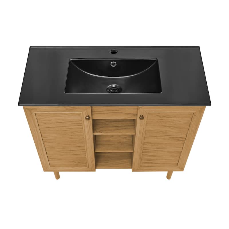 Bron 36 In. Brown Oak Bathroom Vanity With Black Ceramic Sink Top