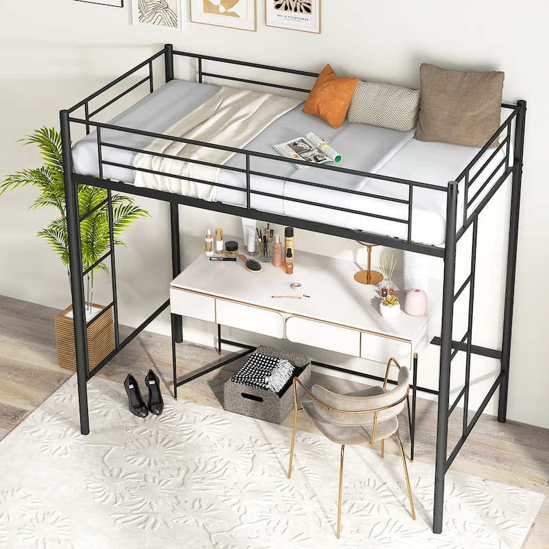 Gymax Metal Twin Loft Bed Space-saving Loft Bed Frame w/ Full-length - Black