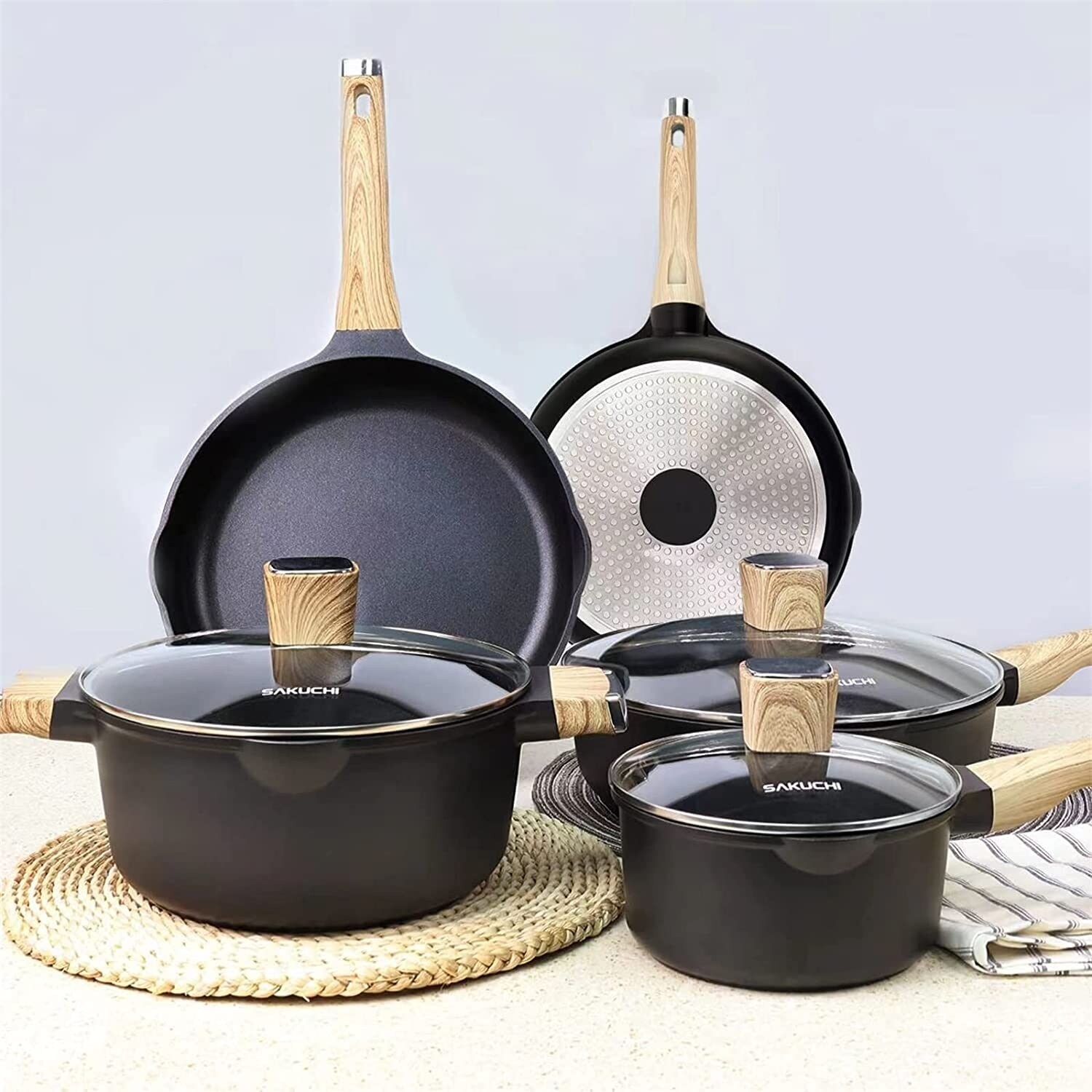 SAKUCHI non-stick cookware set 10 pcs, kitchen essential cookware sets with  grill pan, dishwasher safe