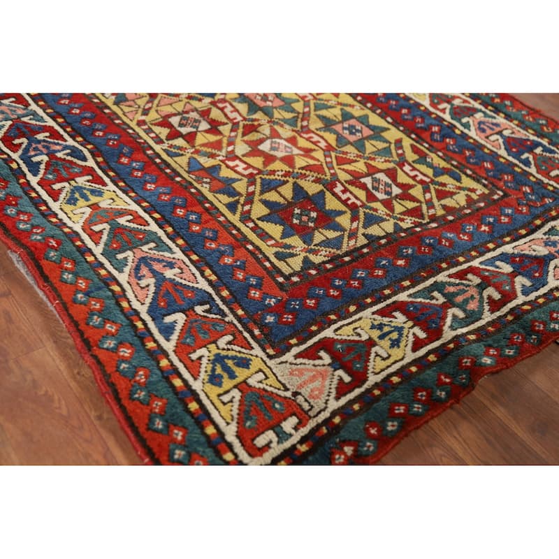 Pre-1900 Antique Kazak Vegetable Dye Rug Hand-Knotted Wool Carpet - 3'7" x 5'2"