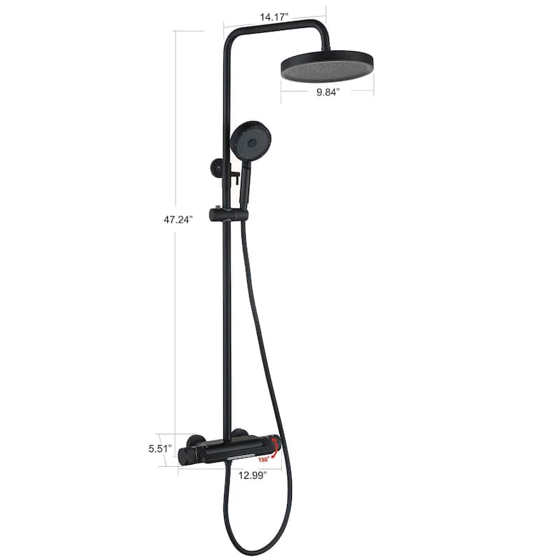47"H Solid Brass Thermostatic Shower System with Rough-In Valve - Matte Black