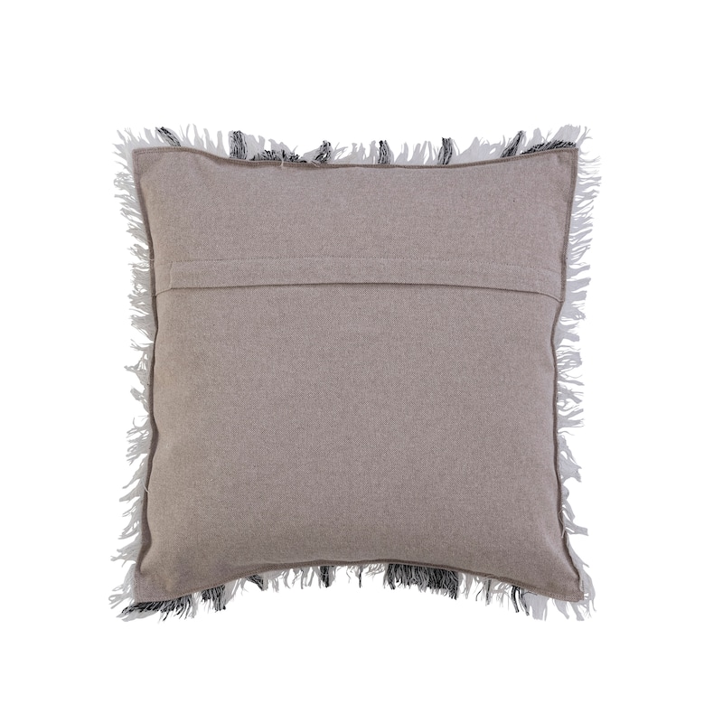 Woven Cotton Pillow with Geometric Pattern, Chambray Back, and Fringe