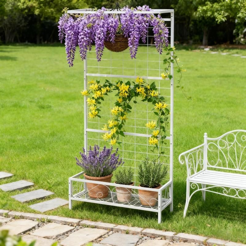 GDFStudio - Outdoor Marcellus Steel Tall Plant Stand with Trellis and Multi-Pot Holders - 74.2"H