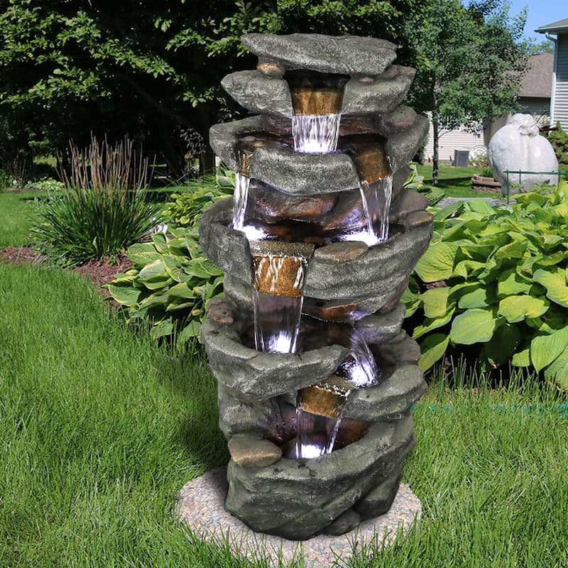 40.55in Resin Waterfall Fountain – Mountainside LED Outdoor Decor