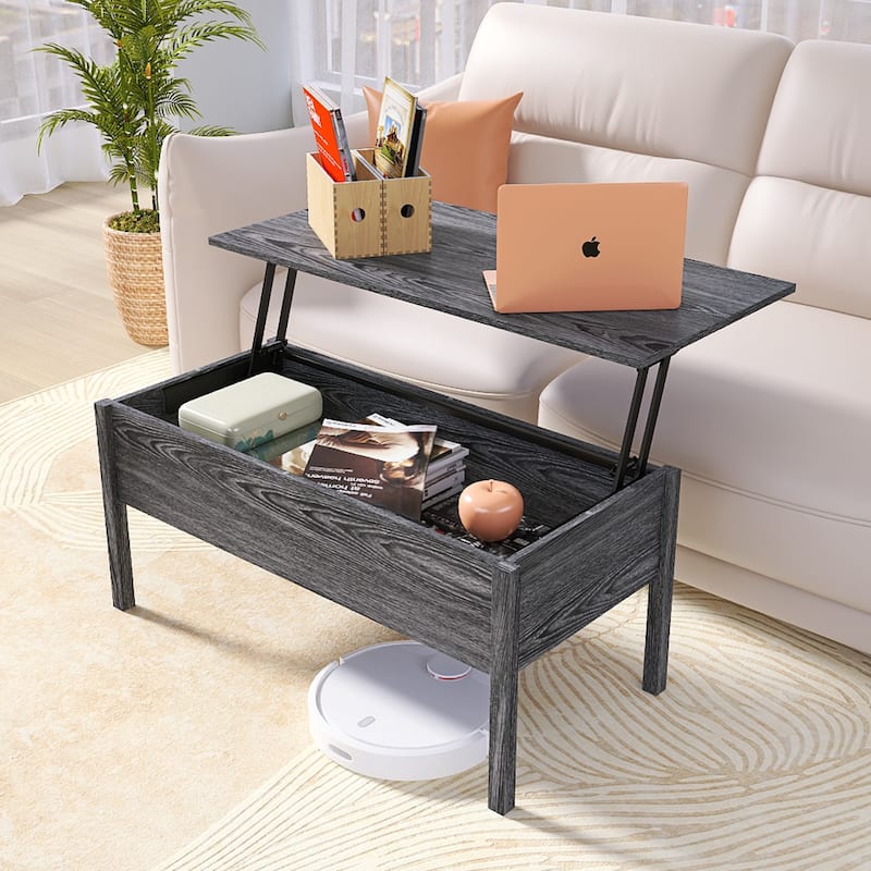 Modern Light Grey Woodgrain Lift Top Coffee Table Desk with Hidden Storage for Living Room - 38.6 in. W X 38.6 in. L X 17.7 in. H - Grey - MDF