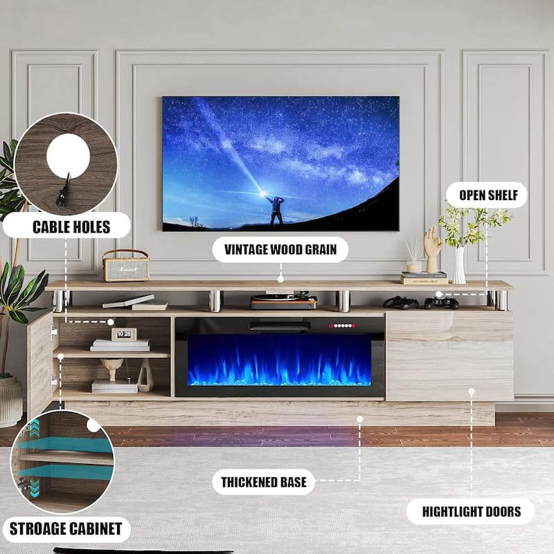 BOSSIN 80" TV Stand Entertainment Center with 36" Electric Fireplace, for TVs up to 90", High Gloss Cabinet with LED Light