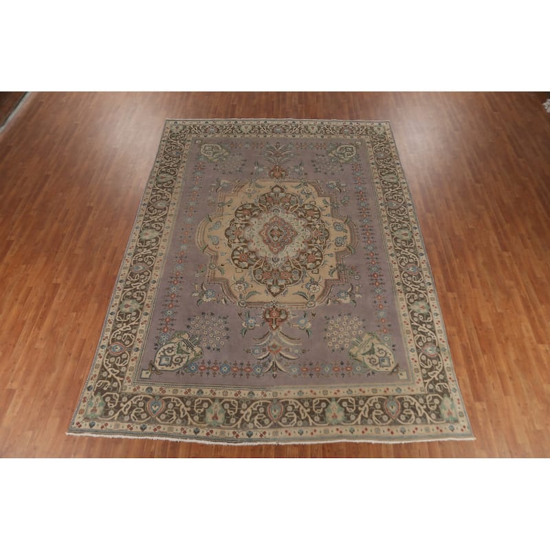 Gray Geometric Tabriz Persian Vintage Area Rug Handmade Wool Carpet - 9'10"x 12'11"