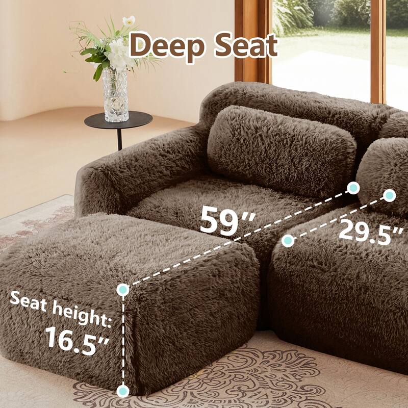 Rossetta 2-seater L-shaped Boneless Soft Fluffy Plush Fabric Sofa Couches with Throw Pillows, Moveable Ottoman