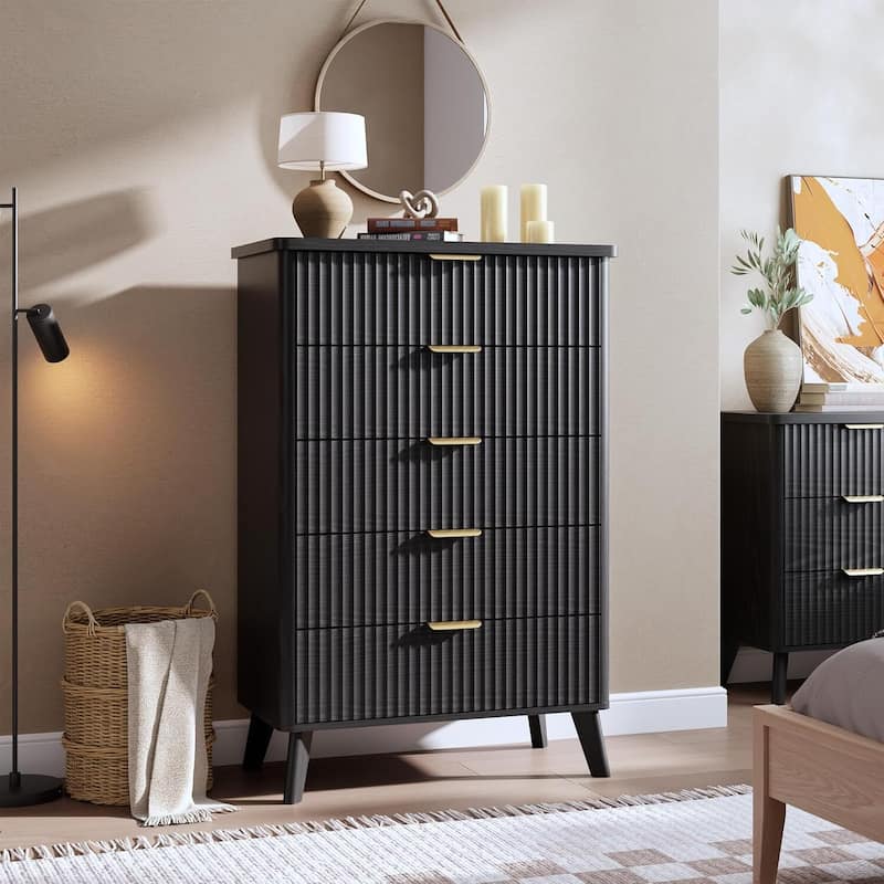 Modern Fluted 5 Drawers Dresser for Living Room, Bedroom - Black