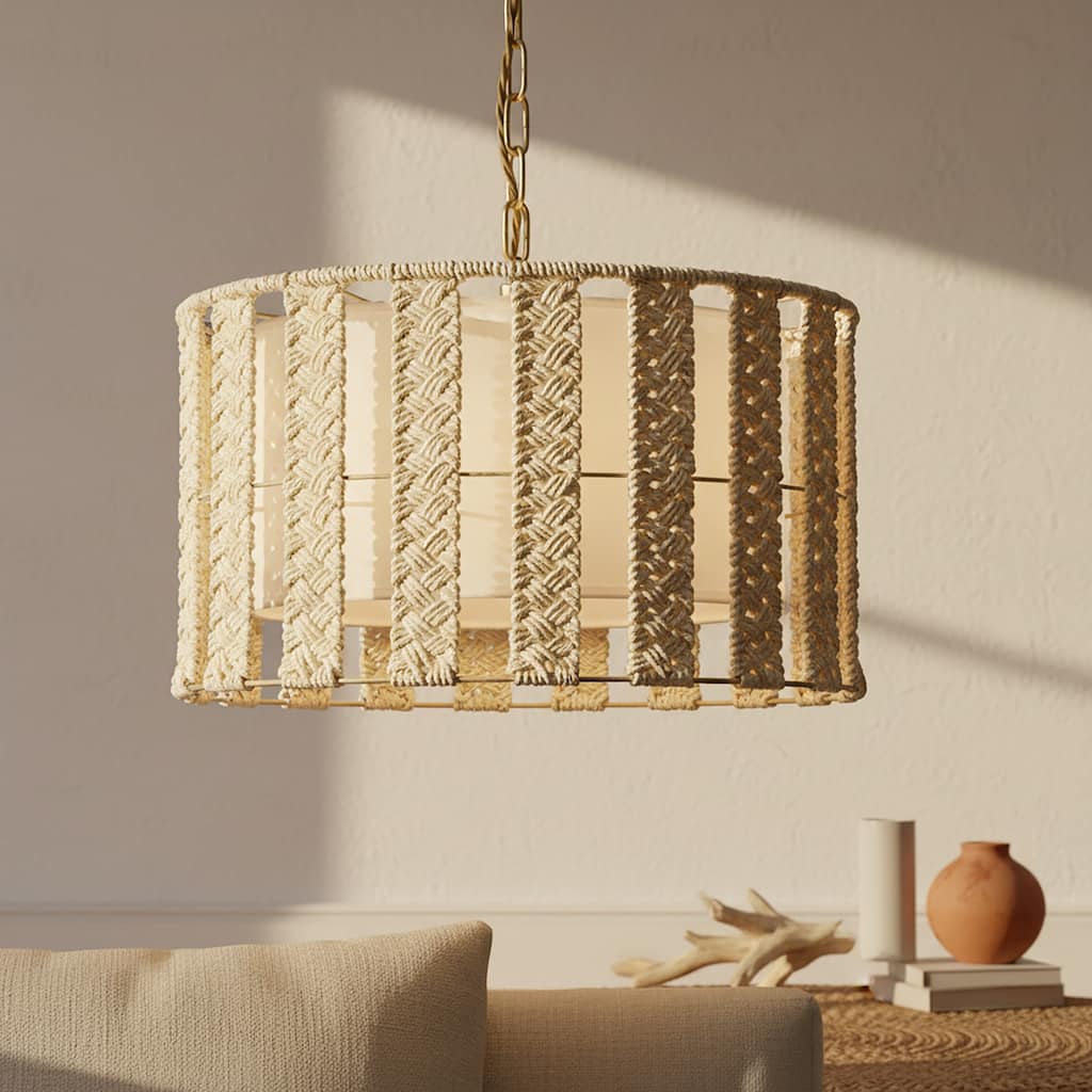 Roka 3-Light Rattan Rope Drum Pendant, Coastal Boho - Handwoven - 18" Wide