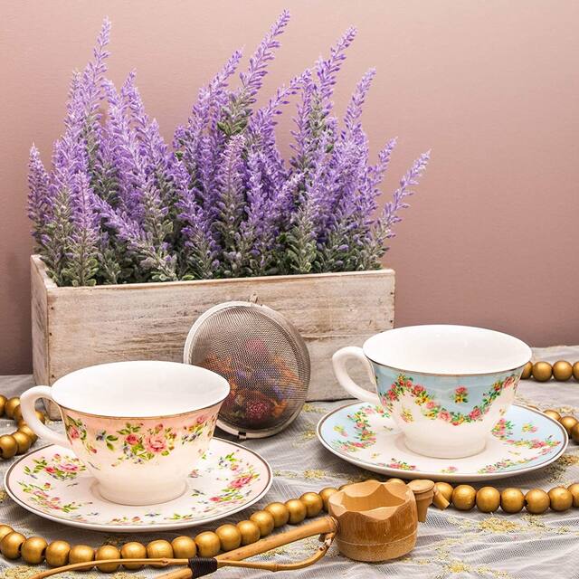 Floral Vintage 8oz Tea Cups and Saucer Set of 12 Party Supplies Blue Pink Teacup