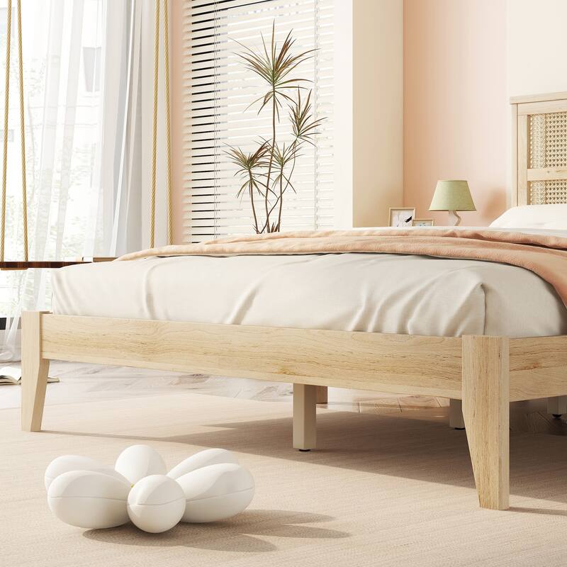 Queen Size Rubberwood Bed Frame with Rattan Headboard, Solid Wood Queen Platform Bed, Wood Slats Support