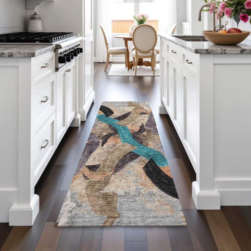 Machine Washable Indoor/Outdoor Contemporary Brushstrokes Chantille Rug
