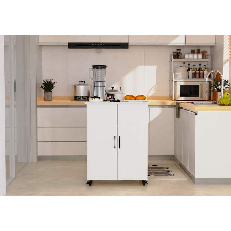 Homy Casa Kitchen Island Cart with Storage, Wheels Barn Door, White