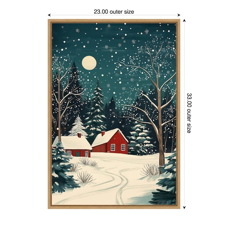 Red Houses and Snowy night sky by Pictufy Studio Framed Canvas Wall Art Print - Sylvie Natural - 23 x 33 in