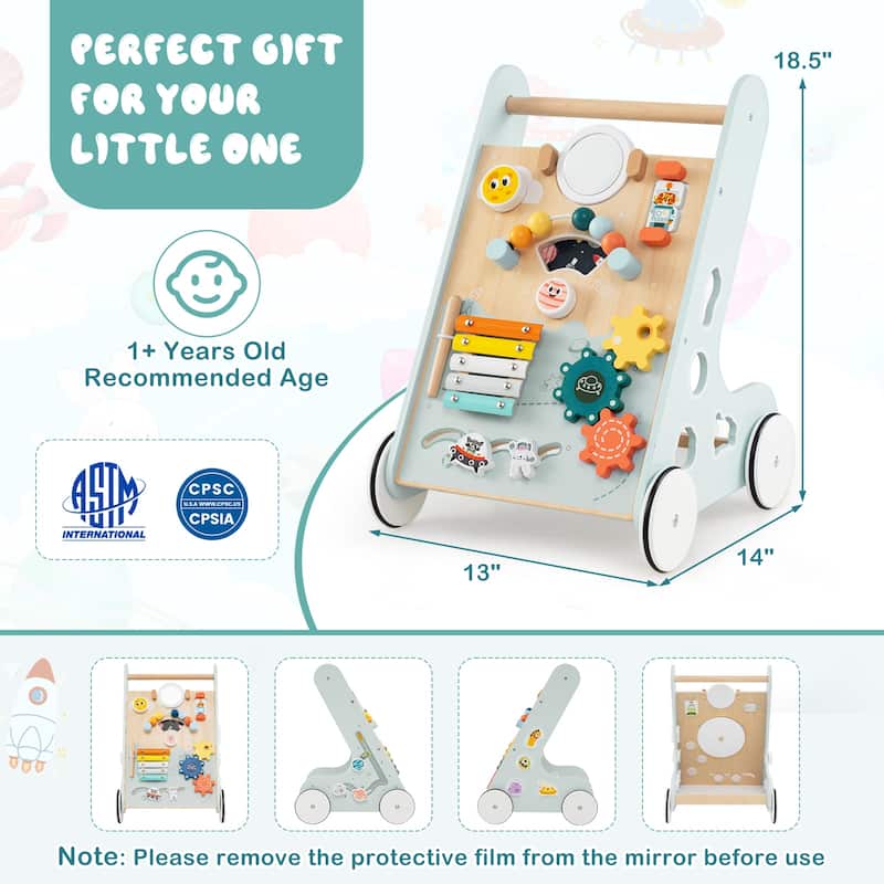 Green MDF Space-Themed Baby Walker with 8-in-1 Activity - 14" L x 13" W x 18.5" H