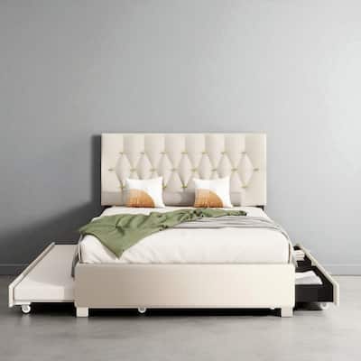 Queen Upholstered Platform Bed with Trundle and Storage Drawers, Gold Tufted Headboard, No Box Spring Required