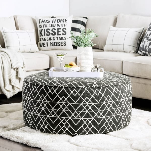 slide 2 of 5, Huma Transitional Black Chenille Chevron Print Cocktail Ottoman by Furniture of America Black