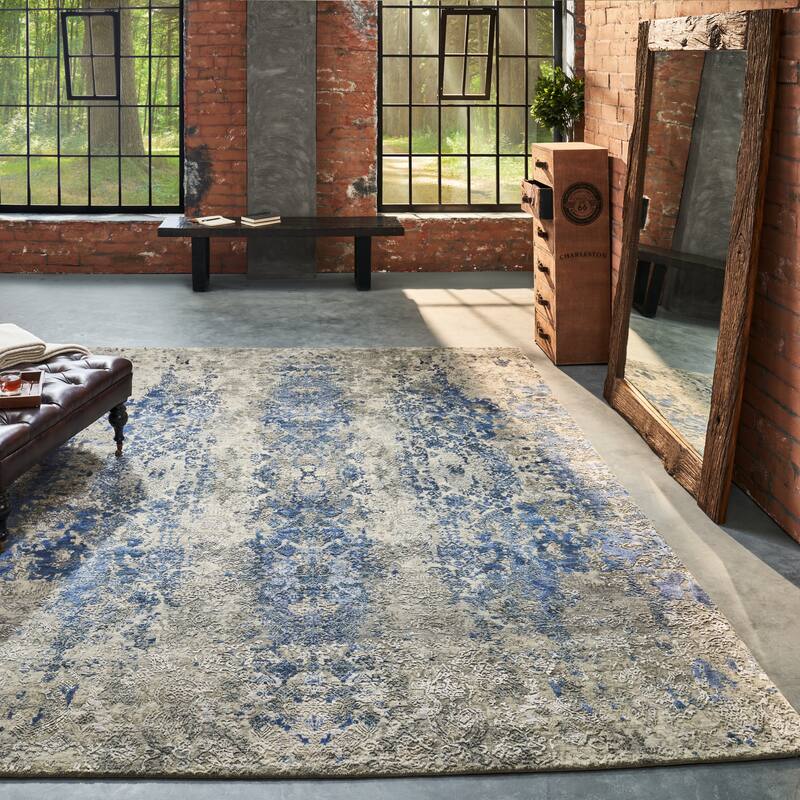 Modern Blue Hand-Knotted Wool & Viscose Area Rug