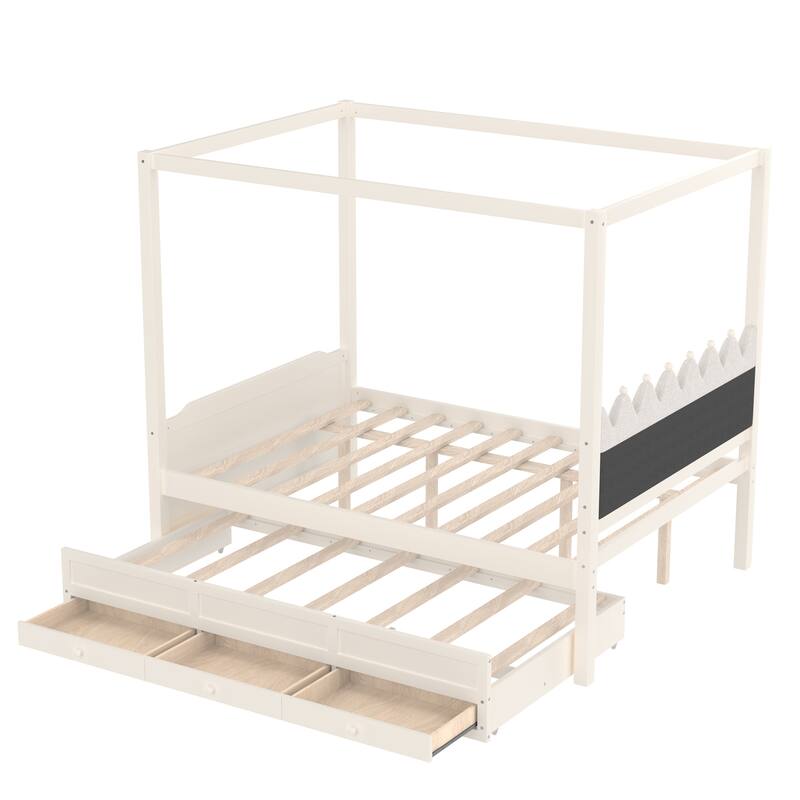 Roomfitters Canopy Bed with Trundle and Drawers, Upholstered Crown Headboard, Solid Wood Frame