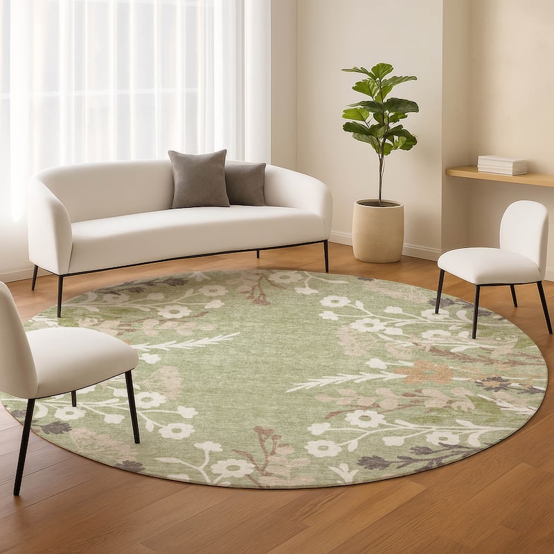 Machine Washable Indoor/ Outdoor Floral Border Chantille Rug