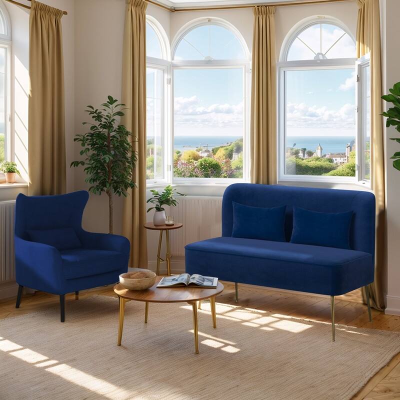 2-Piece Modern Velvet Living Room Couch Set Upholstered - Blue