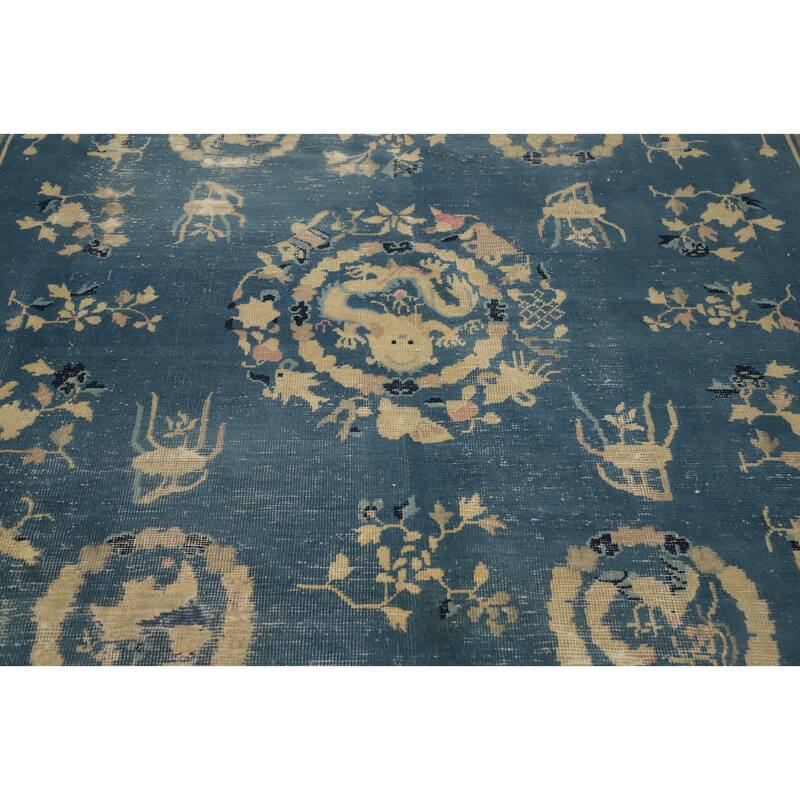 Hand Knotted Oriental 100% Wool Carpet Traditional Medallion Navy Blue & Blues Art Deco Area Rug - 10' 0'' X 8' 10''