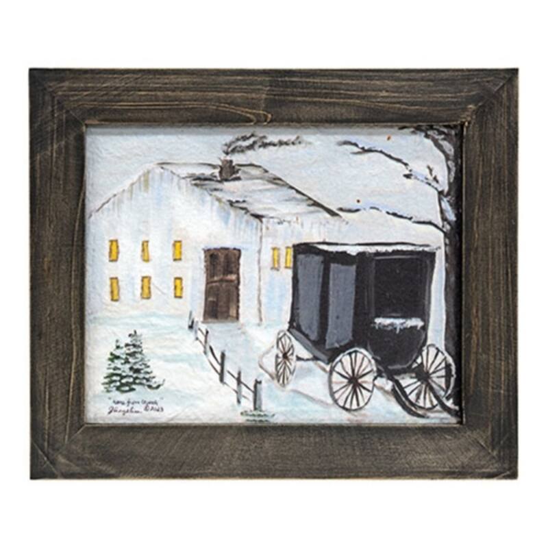 Home from Church Textured Framed Print Winter Farmhouse Wall Art Covered Carriage - 11” high by 13” wide by .5” deep - Brown