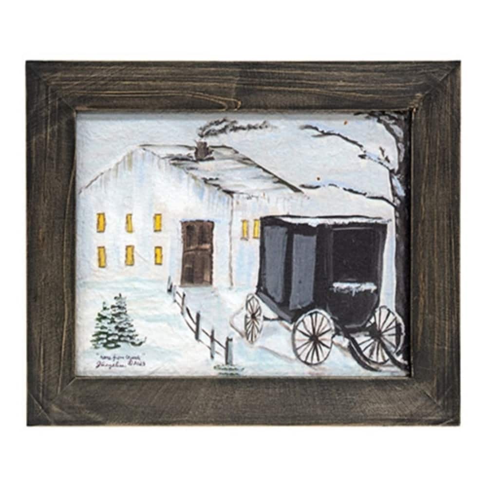 Home from Church Textured Framed Print Winter Farmhouse Wall Art Covered Carriage - 11” high by 13” wide by .5” deep