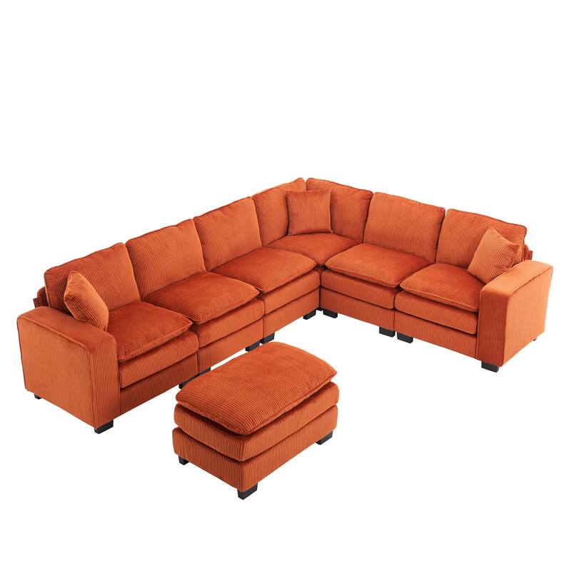 Modern U Shaped 6-seat Sectional Corduroy Sofa Couch with one Ottoman and three toss pillows ,Modular Sofa for Living Room