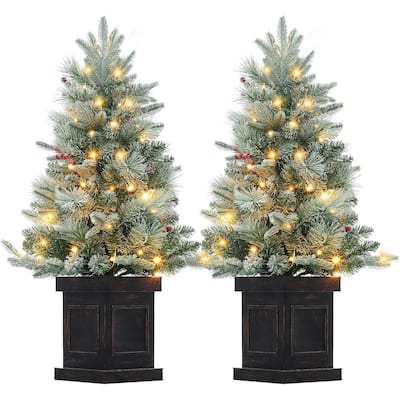 2 Pcs 3ft Pre-Lit Artificial Christmas Tree with Vintage Potted Base