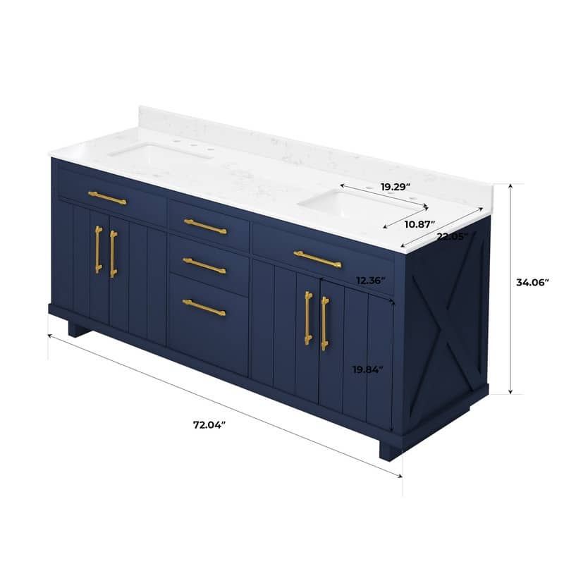 72-inch Double Bathroom Vanities with 2 Integrated Rectangular Sinks