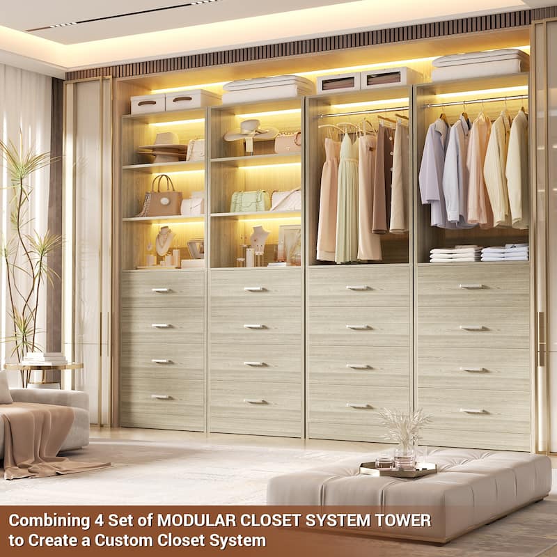 Freestanding Closet Organizer with 4 Drawers and 4 Shelves, Wooden Closet System for Walk-in Closet