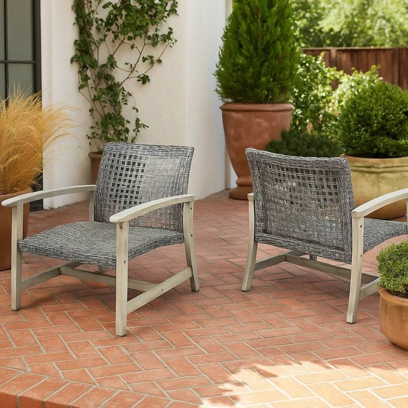 Bops Outdoor Club Chair Set of 2, Graywash Acacia Wood, Gray Wicker