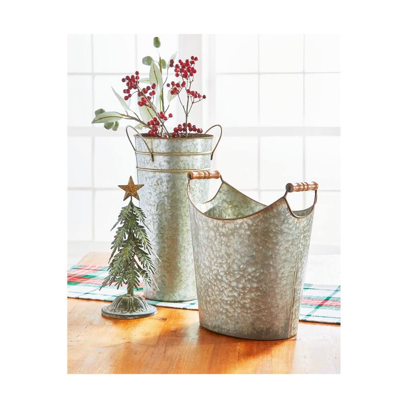 Galvanized Flower Market Bucket with Wooden Handles, 12.0L x 9.25W x 13.25H inches