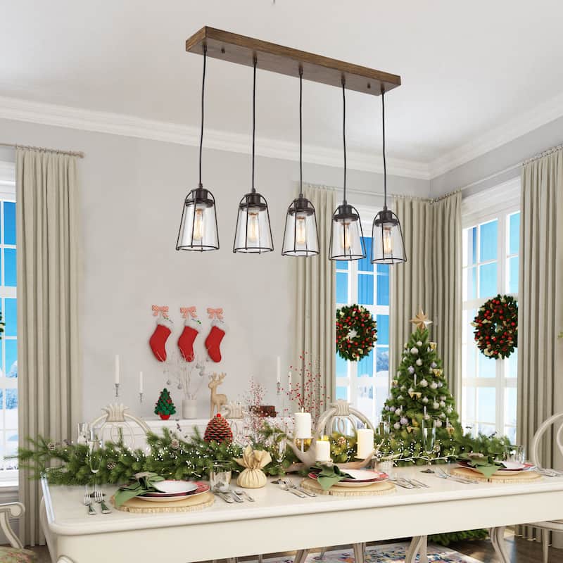Farmsy Modern Farmhouse Linear Faux Wood Metal Chandelier Glass Adjustable Kitchen Island Pendant for Dining Room