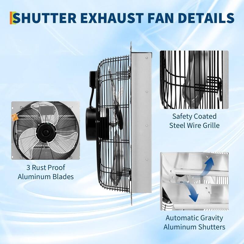 Wall Mount Exhaust Fan with Automatic Shutter, Professional Attic Fan for Garage, Greenhouse, Shed, Workshop and Barn