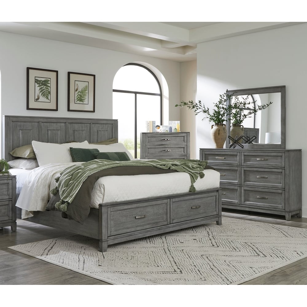 4pc Bedroom Set Platform Bed Dresser Mirror Chest Storage Gray Finish Furniture