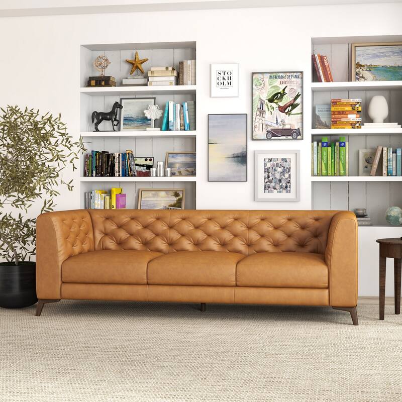 Florentina Mid Century Modern Chesterfield Genuine Leather Sofa in Cognac Tan - Tan