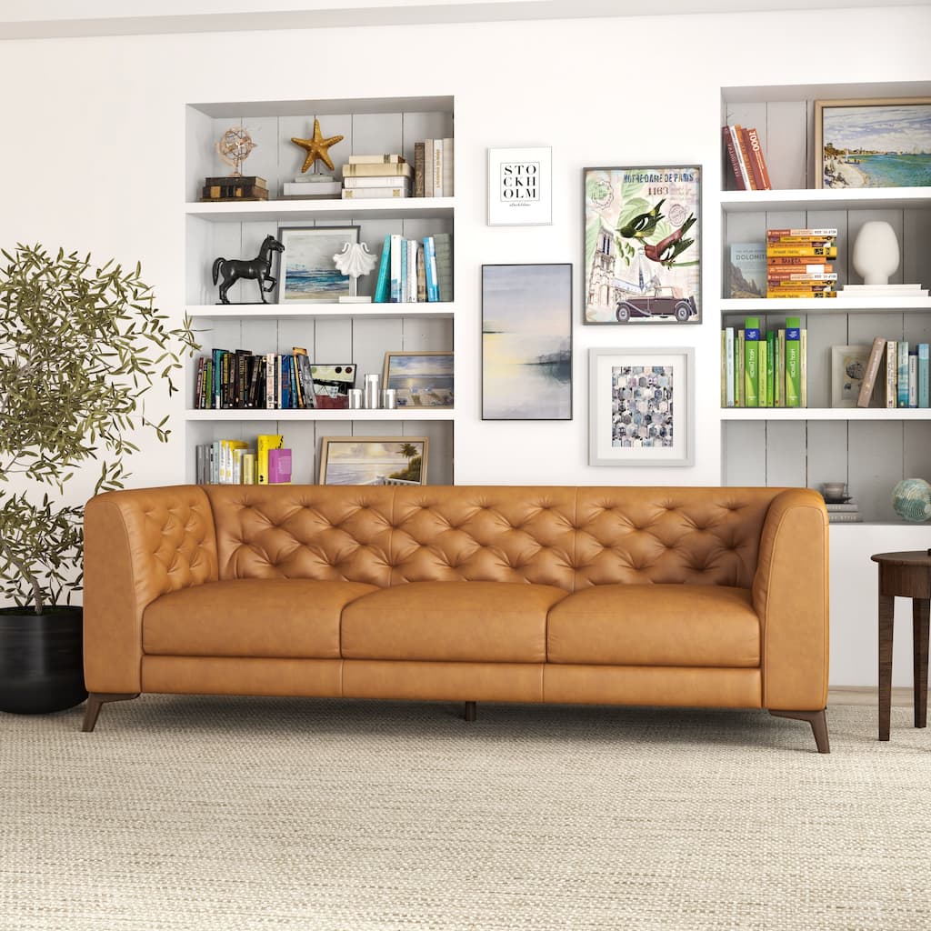 Florentina Mid Century Modern Chesterfield Genuine Leather Sofa in Cognac Tan