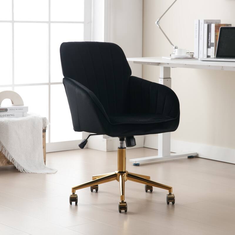 Velvet Adjustable Home Office Swivel Leisure Desk Chair with Gold Base - Black
