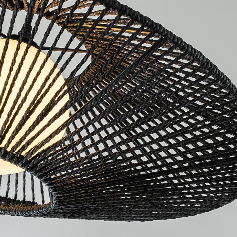 1-Light Modern Black Hand-Woven Rattan Chandelier Bubble Trasitional Cylinder Medium Natura Pendant Light For Bedroom