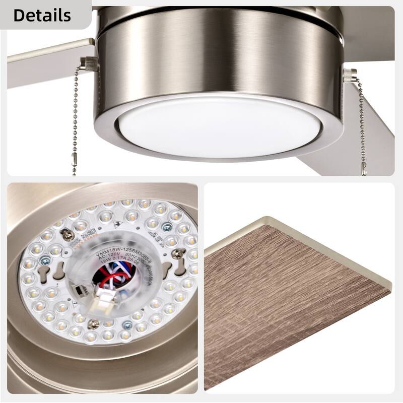 52 in. Indoor Flush Mount Ceiling Fan with 5 Blades & 18W 3CCT LED - 3 Finish Options, Pull Chain Control