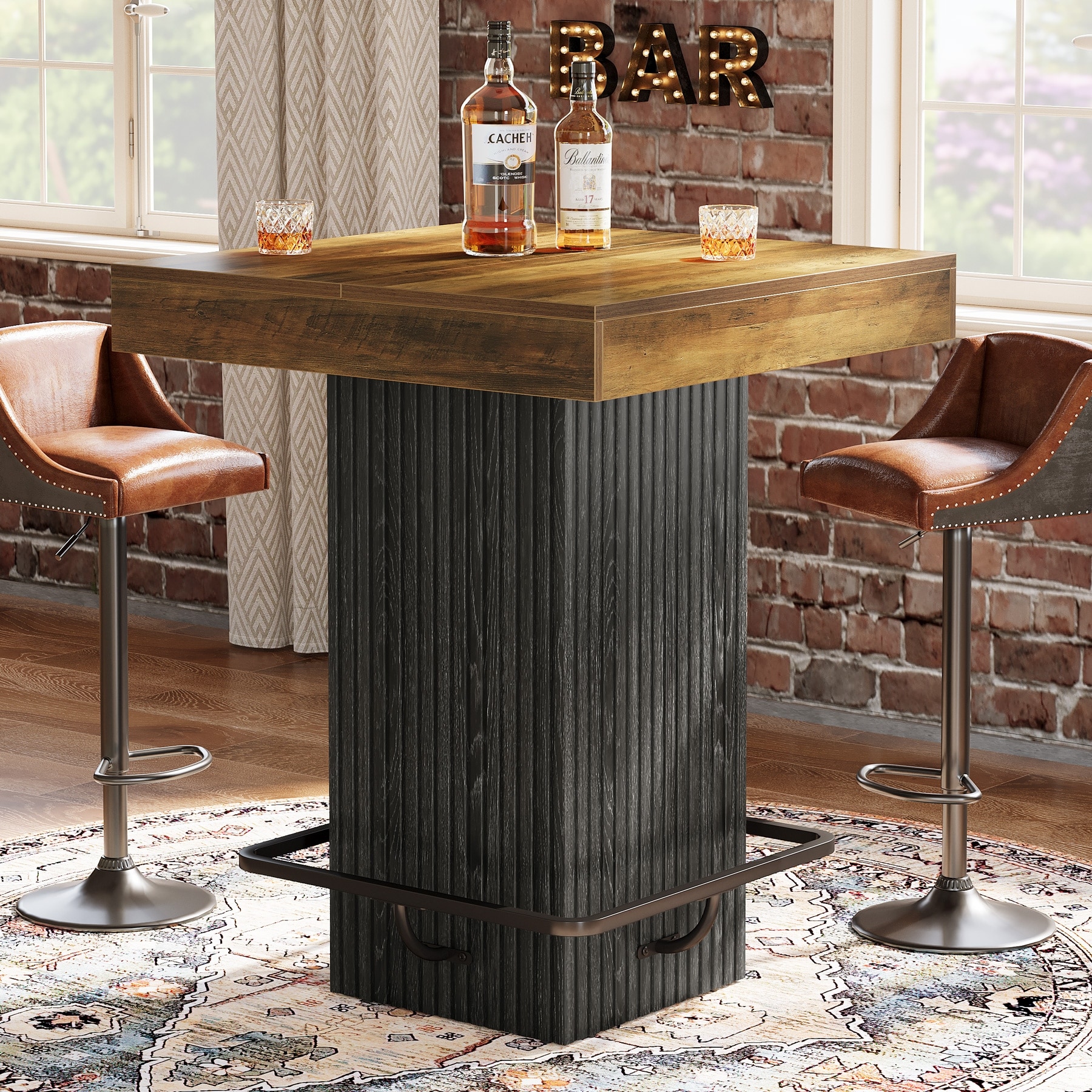 Square Bar Table, Industrial Counter Height Pub Table with Metal Footrest - 31.5" D x 31.5" W x 39.7" H
